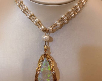 Vintage Diamond and Opal pendant with freshwater pearl and 14k gold twisted wire. One of One.