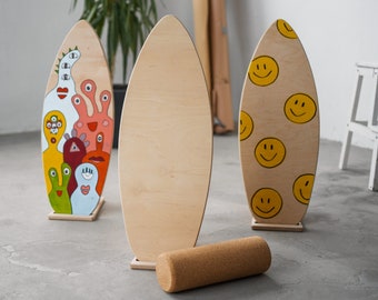 Handmade Kids DIY Balance Boards I inkl. Korkrolle & Ständer I handgemachtes Holz-Spielzeug für Kinder I Wackelbrett, Geschenk, unbehandelt