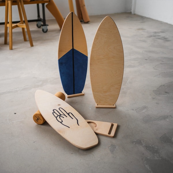 Handmade DIY Balance Boards I inkl. Korkrolle & Halterung I zum Bemalen I Gratis versendet I Skateboard, Surfboard, Geschenk, unbehandelt