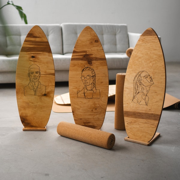 Handmade Balance Boards I Limited Art-Edition I incl. Cork Roll & Stand I with Line Drawing by Artist I Gift, Balanceboard, Wood