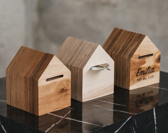 Spardose mit Gravur I personalisiertes Sparschwein aus Holz für Geld Geschenke I Hochzeit, Geburtstag, Geburt, Handmade, Gratis versendet