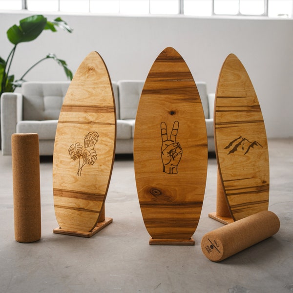 Balance board fatta a mano con incisione laser I compreso rotolo di sughero e supporto I Ideale per bambini e adulti I Surf, tavola oscillante, skateboard, legno