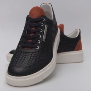 Handmade ,Genuine Leather, Ferentino Casual  Light Sole Mens Shoes , Sneakers,  12226 Navy Blue