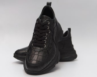 Handgemachte, echtes Leder, Ferentino Casual Sneakers, Leichte Sohle Herren Schuhe, Trainer, 10795 Schwarz