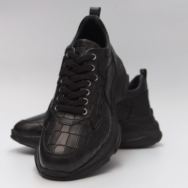 Handmade ,Genuine Leather, Ferentino Casual Sneakers ,Light Sole Men Shoes, Trainers ,  10795 Black