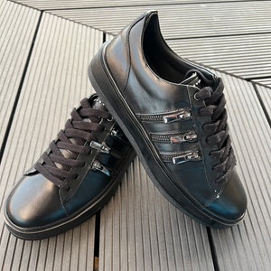 Handmade ,Genuine Leather , Ferentino Casual Sneakers, Light Sole ,Mens Shoes, Trainers , Black