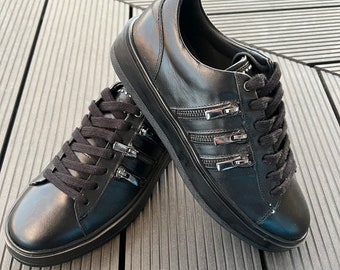 Handmade ,Genuine Leather , Ferentino Casual Sneakers, Light Sole ,Mens Shoes, Trainers , Black