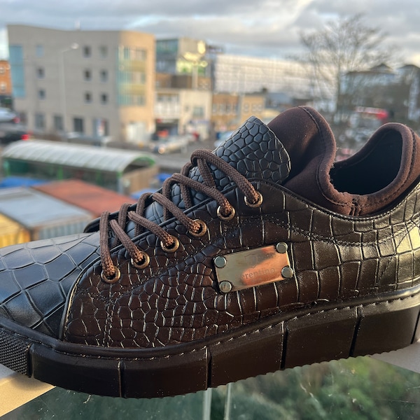 Handmade ,Genuine Leather, Ferentino Casual Sneakers, Light Sole, Men Shoes ,Trainers , 10528 Brown