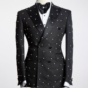 Blanco -Negro -Piedras -Esmoquin- Traje -Chaqueta - Pantalón -Boda -Chaqueta de doble pecho