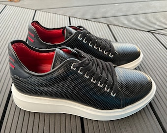 Handmade ,Genuine Leather, Ferentino Casual,Sneakers, Light Sole, Men Shoes ,Trainers , Black