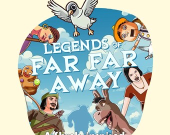Puede incluir: Una ilustración colorida de personajes de un juego de rol de mesa de tipo Dungeons and Dragons inspirado en Shrek. El título "Legends of Far Far Away" está escrito en letras grandes y en negrita.