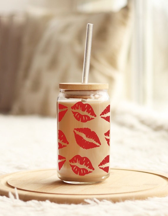 Kiss Lips Libbey Glass with Bamboo Lid and Straw, Libby Glass Beer Can 16  oz, Valentine's Day Libbey Glass