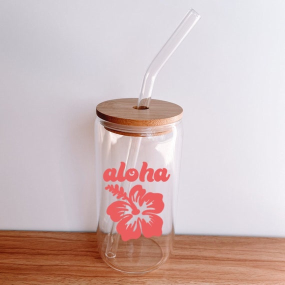 Aloha Glass With Bamboo Lid and Straw, Hawaii Cup, Hibiscus Flower Mug,  Hawaii Drinkware, Drinking Mug, Kitchen Decor, Coffee Lover Cup 