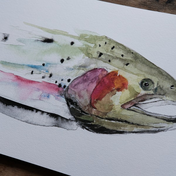 Poster "melting steelhead" A4 Kunstdruck, aquarel, forel, rivier, natuur, regenboog, vliegvissen, Aquarell, Fliegenfischen, Forelle