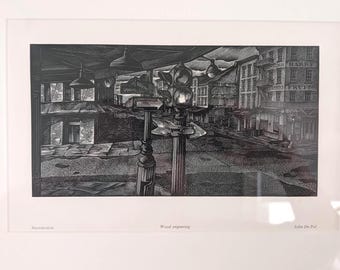 John De Pol Wood Engraving Print – Vintage City Street Scene Wall Art