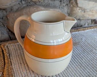 Antique Roseville Pottery Banded Pitcher – Creamware with Orange & Black Bands, Circa 1920s (7.5" x 6")