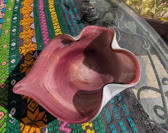 Vintage Pink & White Murano-Style Swirl Art Glass Bowl – Organic Freeform Shape, 7"