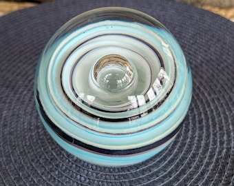 Studio Art Glass Spiral Paperweight – Blue & White Swirl – Modern Glass Sculpture – 4”