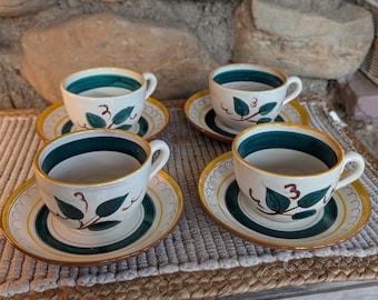 Vintage Stangl Pottery Tea Cup Set: Trenton Leaves, Hand-Painted (Set of 4)