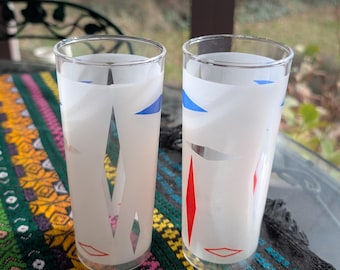 Vintage Retro Tom Collins Glasses – Frosted Mid-Century Barware – Set of 2 – Red, Blue & White