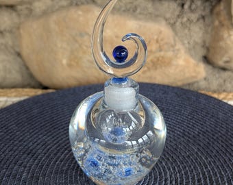 Modernist Art Glass Perfume Bottle / Paperweight – Blue Controlled Bubble Glass – Sculptural Stopper – 7”