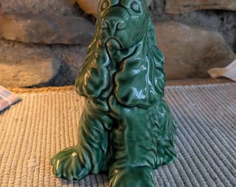 Vintage Green Ceramic Spaniel Dog Statue – 9” x 8” – Mid-Century Pottery Figurine