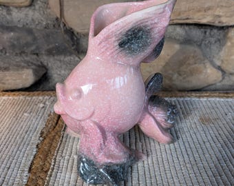Vintage Hull Pottery “Ebb Tide” Angel Fish Vase – Pink & Black Speckled Mid-Century Planter 10x9"
