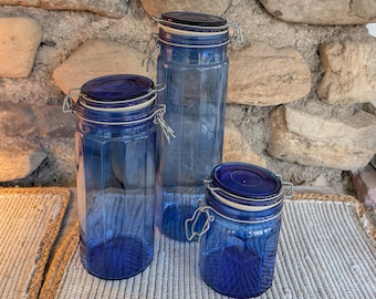 Vintage Cobalt Blue Glass Canister Set – 3 Storage Jars with Clamp Lids – Mid-Century Kitchen Decor