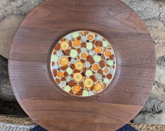 Vintage Gladding California Wood Serving Tray with Ceramic Inlay – Mid Century Cheese Board – 14”