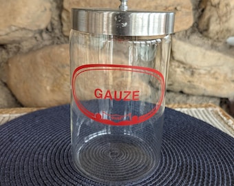 Vintage Pyrex Glass Gauze Jar with Metal Lid – Apothecary Medical Storage – 7 x 4