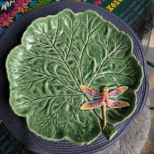 Bordallo Pinheiro Leaf Platter with Dragonfly – Portugal – 11&quot;