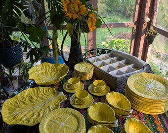 Vintage SECLA Yellow Cabbageware 62 Piece Dinnerware Set – Portuguese Majolica Cabbage Leaf Dishes – Made in Portugal