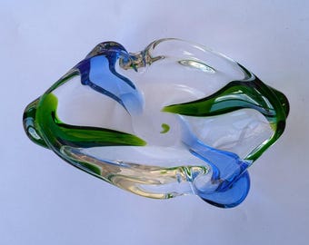 Vintage 1960s Glass Handblown Ashtray – 2-Tone Green/ Blue –(Murano)