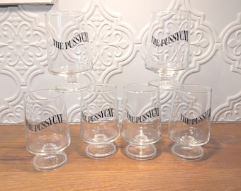 Vintage "The Pussycat" Cocktail Glasses | Black Logo Barware, Set of 6