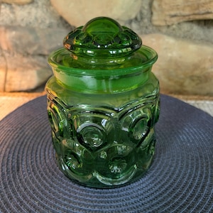 Vintage Green Moon and Star Glass Canister with Lid – Mid Century L.E. Smith Storage Jar