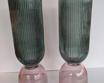 Ribbed Glass Vases Candle Holders: Smoked Green Pink Sculptural Decor