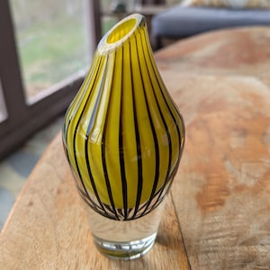 Vintage Handblown Art Glass Vase – 6.5” Tall – Yellow & Black Stripes – Minor Base Chip
