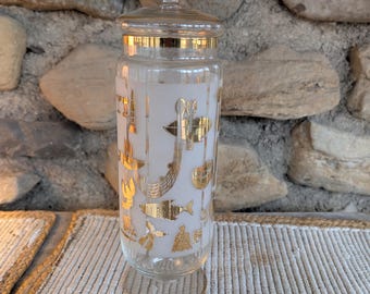 Mid-Century Georges Briard-Style Gold Sea Life Apothecary Jar – 13” Tall Glass Canister with Lid