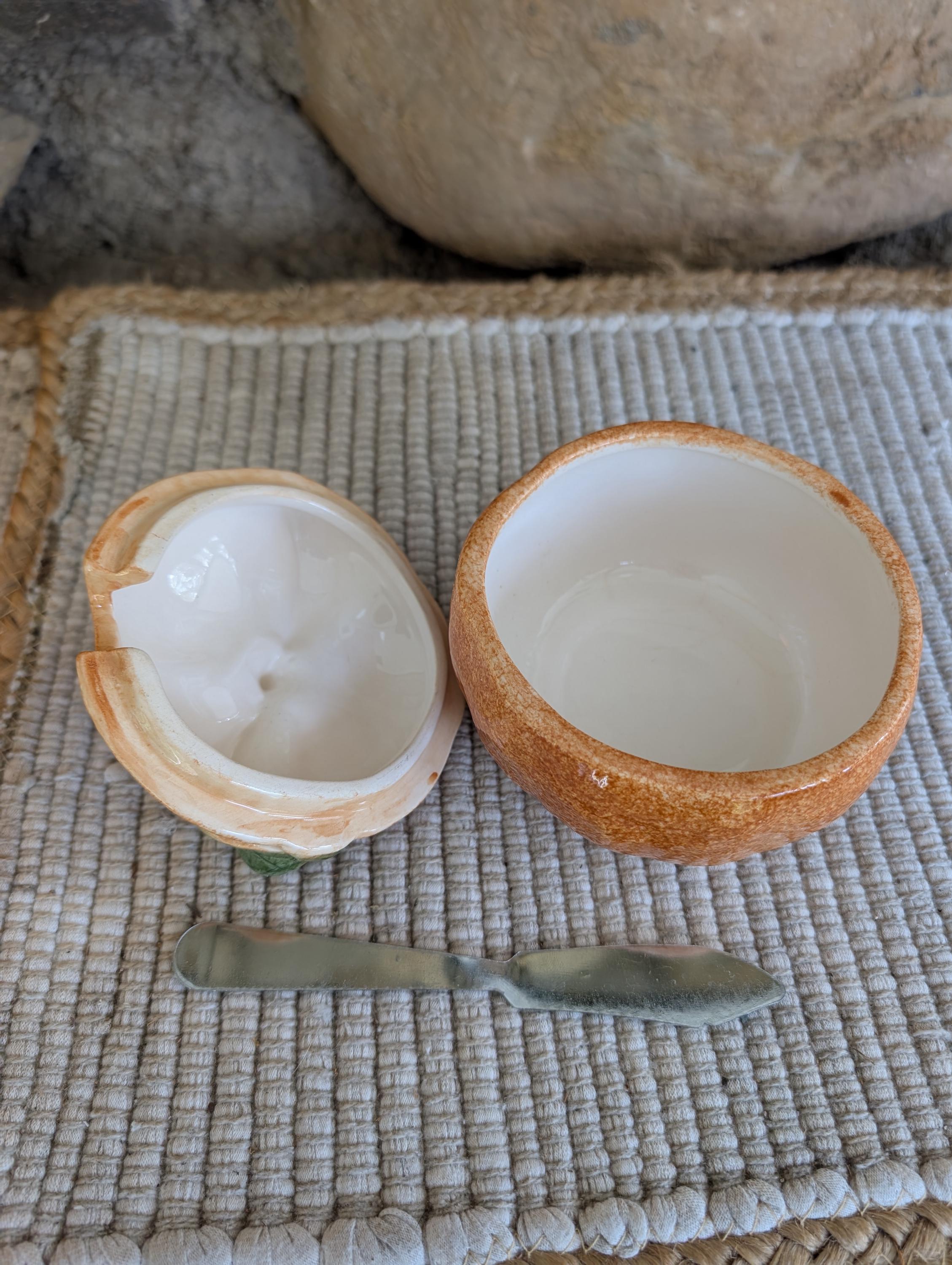 ヴィンテージの陶器製オレンジマーマレードジャー（スプレッダー付き