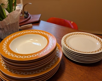 Jonathan Adler Happy Chic Orange Chain Dinnerware Set – 18 Piece Mixed Set Dinner Plates, Salad Plates & Bowls Modern Tableware