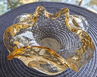 intage Murano Bullicante Controlled Bubbles Bowl Dish Golden Yellow/Clear