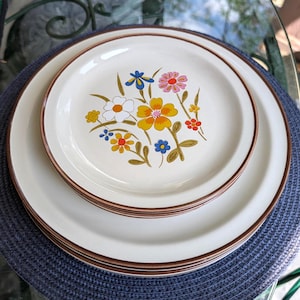 Set of 7 - Kanney “Spring Flower” Stoneware Plate Set – Vintage Japan S-1443 – 1970s Floral Delight