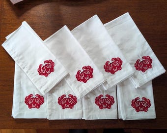 Set of 8 White Cotton Napkins 17x17 Embroidered Crab Cloth Napkins