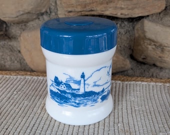 Vintage Milk Glass Lighthouse Canister Blue Lid Nautical Coastal Kitchen Storage Jar Cottage Decor