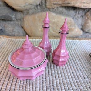 Vintage 1930&#39;s Pink Dresser Set – Bavaria Vanity Set with Powder Jar & Two Perfume Bottles