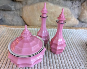 Vintage Bavaria Pink Dresser Set: Geometric Powder Jar & Perfume Bottles