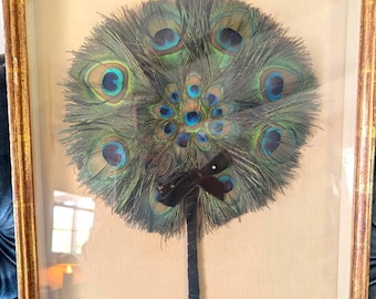 Rare Antique Peacock Feather Fan | Victorian Elegance Preserved | Hand Carved Frame | Circa 1880–1910