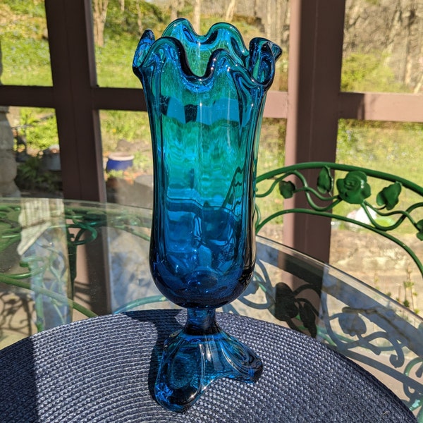 Rare Mid Century Vintage 10.5" Viking Three Toe Beautiful Blue Swung Glass Vase!