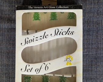 Vintage LS Arts Christmas Tree Swizzle Sticks Set of 6 – Venezia Art Glass Cocktail Stirrers in Original Box