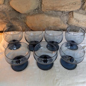 Set of 7 Vintage Block Capers Blue Glasses – 4 Water Goblets & 3 Sherbet or Champagne Coupes – Italian Modernist Mid Century Barware